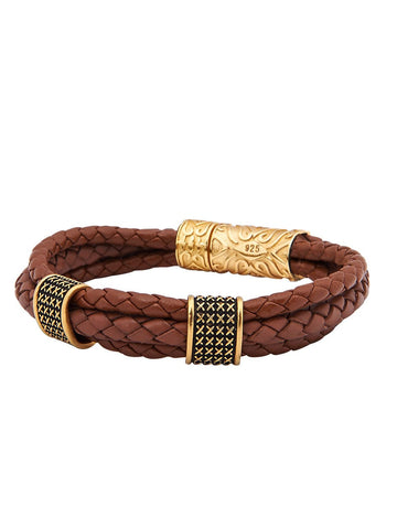 Nialaya Men's Leather Bracelet Leather Collection Brown Three Cord With Two Gold Beads Leather Collection